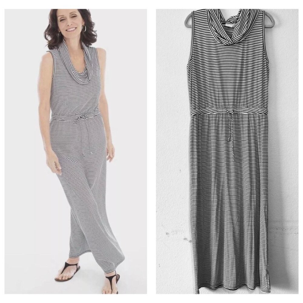 Chicos Zenergy Lydia Cowl Neck Maxi Dress Large Black White Stripe Beach Stretch